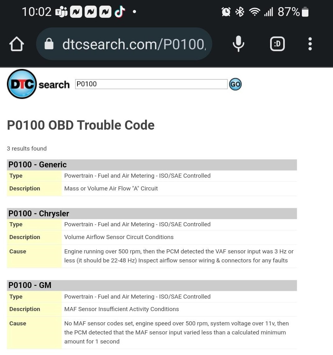 Android screen showing details for OBD Trouble Code P0100. 