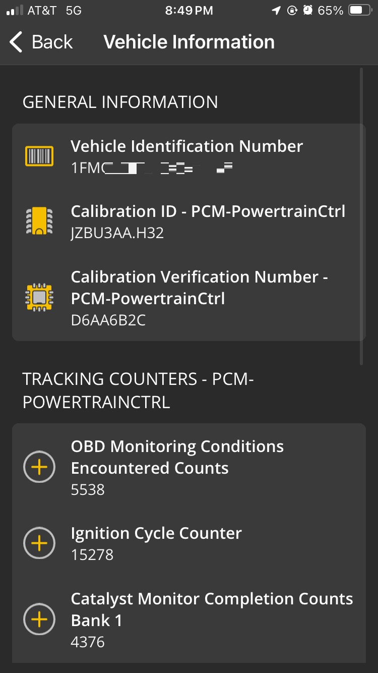 iOS screen showing a Vehicle Information test report. 