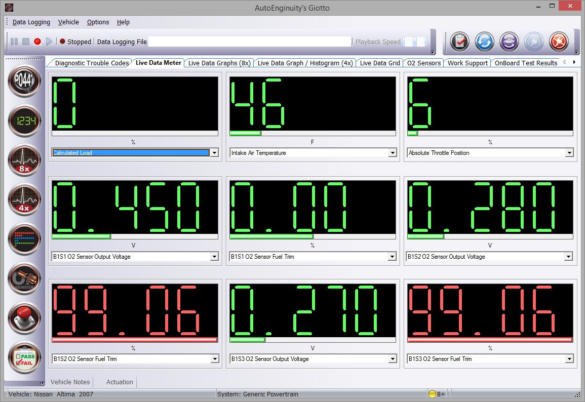 Live Vehicle Sensor Data Displayed in Meter Format with AutoEnginuity OBD2 Laptop Software