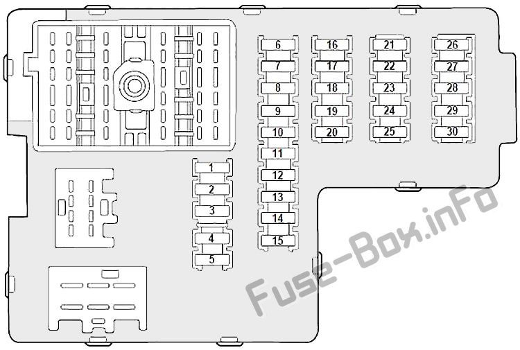 Diagram of the interior fuse box in a Mercury Mountaineer (2002, 2003, 2004, 2005)