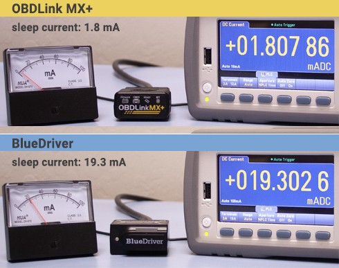 Close-up of multimeters measuring current draw, demonstrating the difference in power consumption between OBDLink MX+ and BlueDriver in sleep mode.