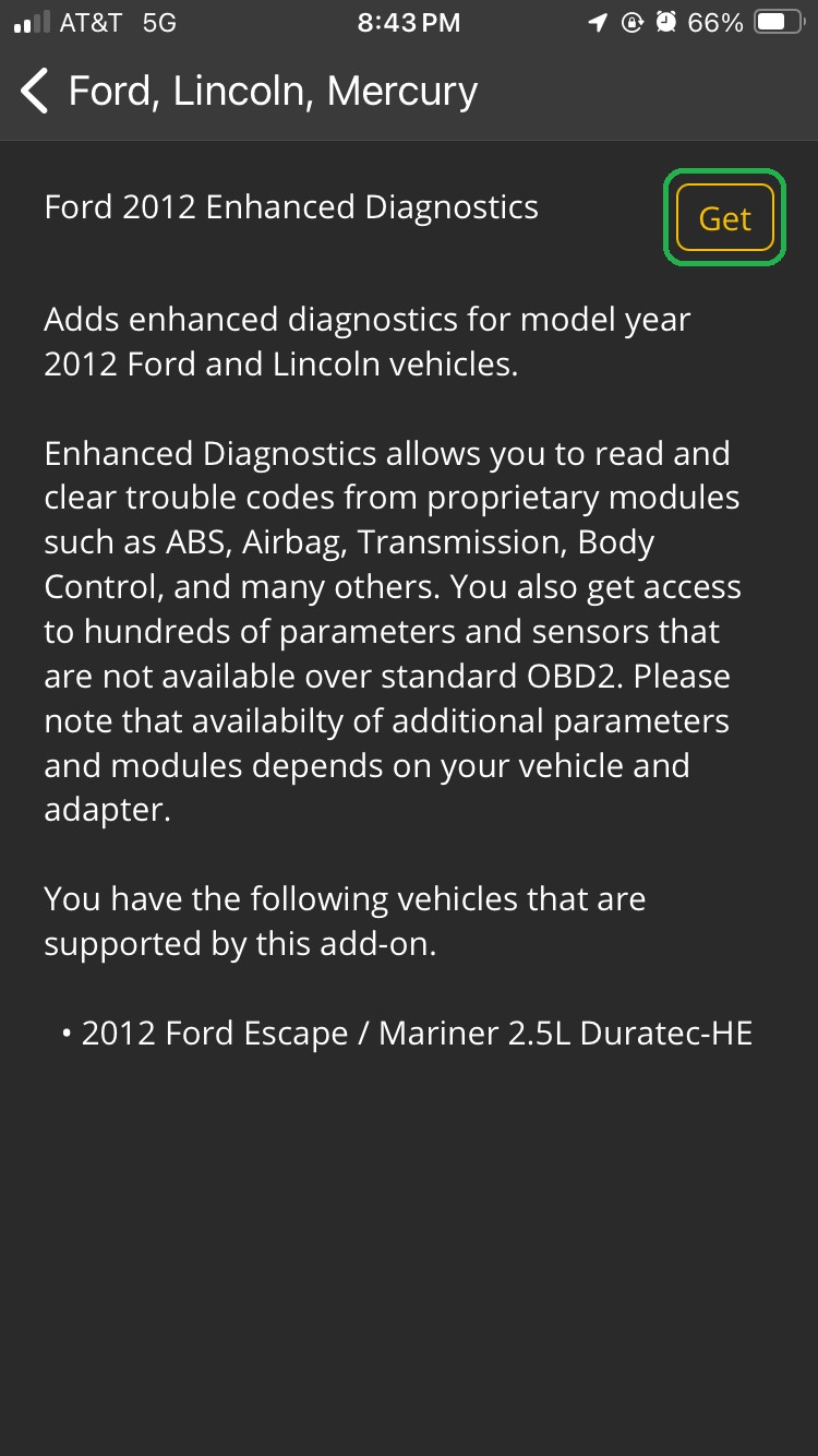 iOS screen showing Ford 2012 Enhanced Diagnostics information. The Get button is highlighted. 