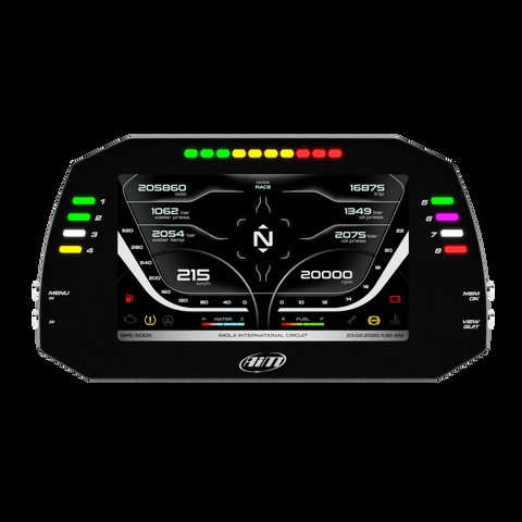 AiM MXG 1.3 Strada 7 inch TFT dash display front view showcasing digital gauges and race icons