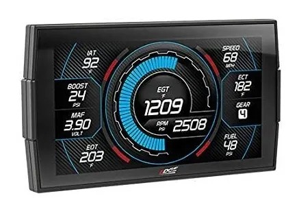 Close-up of the New Edge OBD2 Performance Chip display, showcasing its touchscreen interface and data readings