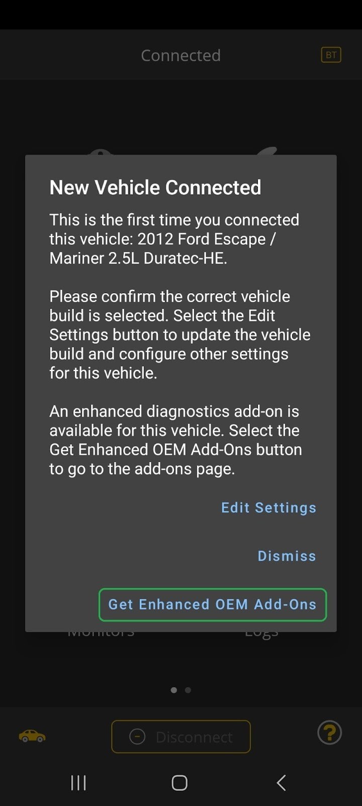 iOS screen showing a New Vehicle Connected message. The Get Enhanced OEM Add-Ons option is highlighted.