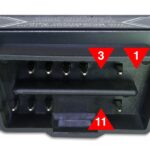 Close-up view of OBDLink MX+ pins, highlighting pins 1, 3, 6, 11, 14, and 16, emphasizing enhanced diagnostic capabilities through access to various vehicle networks.