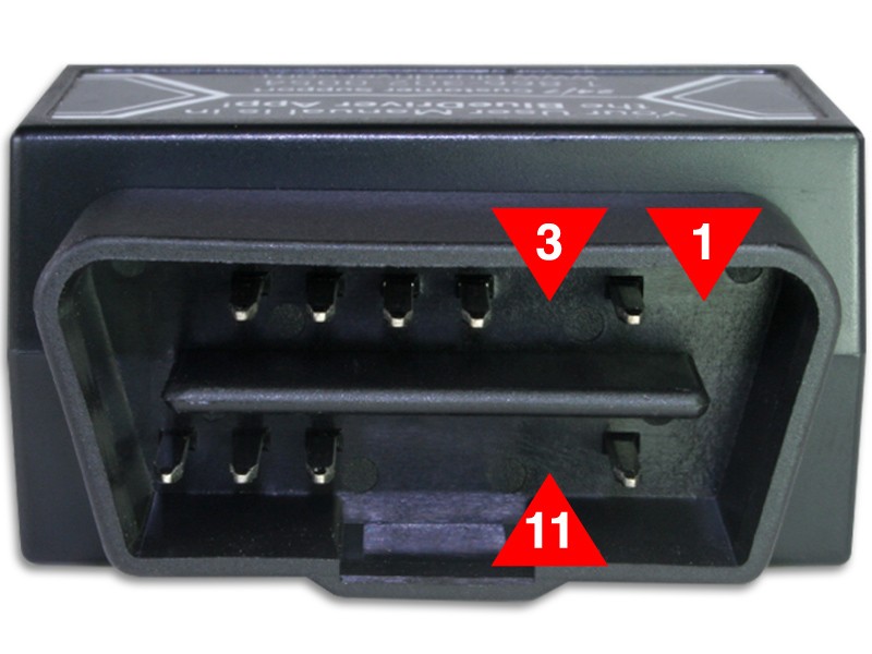 Close-up view of OBDLink MX+ pins, highlighting pins 1, 3, 6, 11, 14, and 16, emphasizing enhanced diagnostic capabilities through access to various vehicle networks.