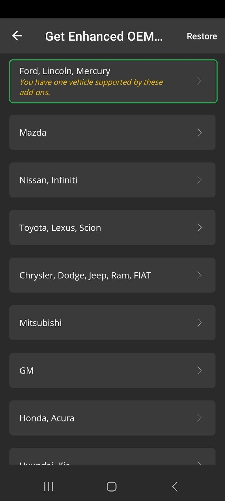 Android screen showing Get Enhanced OEM Add-Ons options. The Ford, Lincoln, Mercury option is highlighted. 