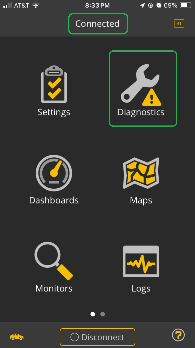 iOS home screen. The Connected button and the Diagnostics selection are highlighted. 