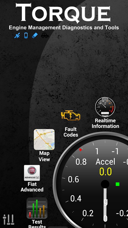 Torque Pro Main Screen with Real-time Gauges and Menu Options