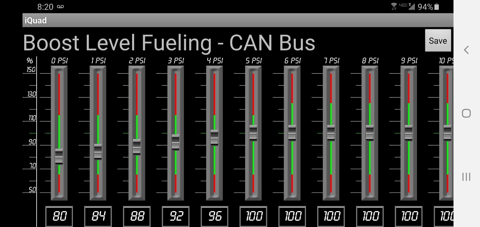 Quadzilla iQuad tuner app interface showcasing customizable fuel and timing maps for optimizing performance and diagnosing 47re OBD2 codes in Dodge Ram Cummins trucks.