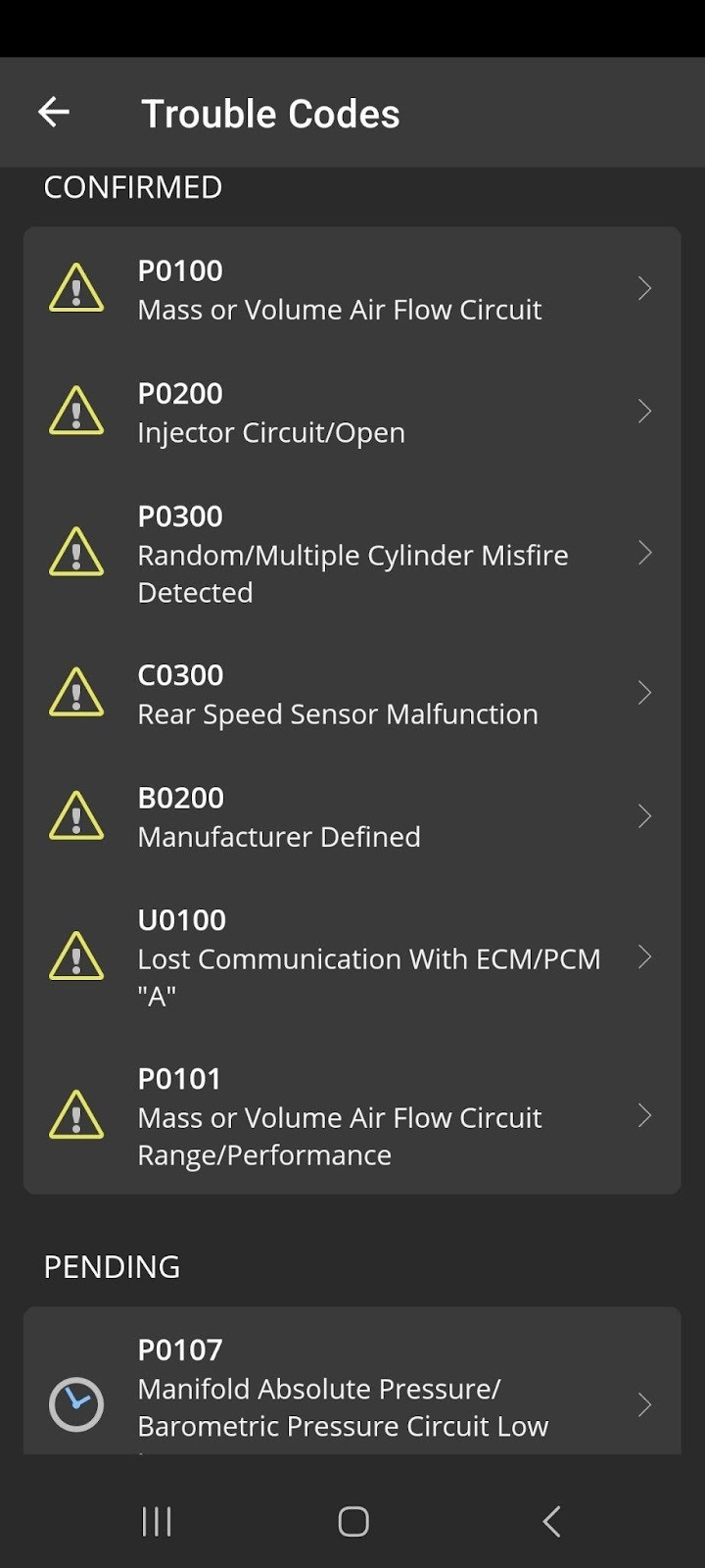 Android screen showing Trouble Codes report.