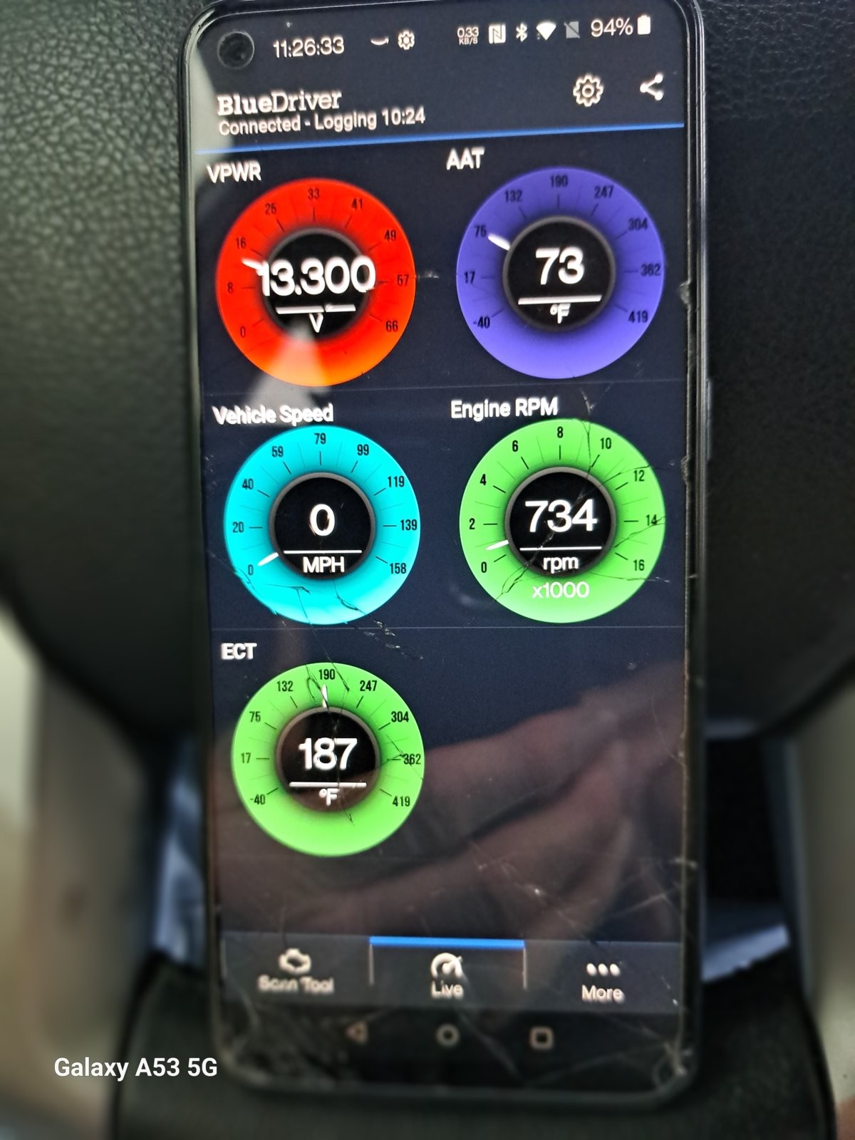 BlueDriver OBDII Scan Tool displaying live vehicle data on a smartphone