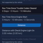BlueDriver OBD2 MIL Status screen displaying warm ups, distance traveled and engine run time since DTCs cleared.