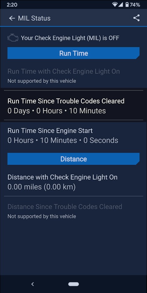 BlueDriver OBD2 MIL Status screen displaying warm ups, distance traveled and engine run time since DTCs cleared.