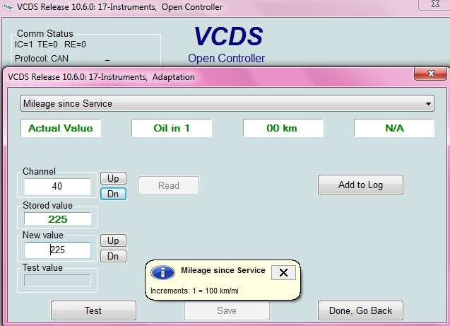 VAG-COM interface showing adaptation channels