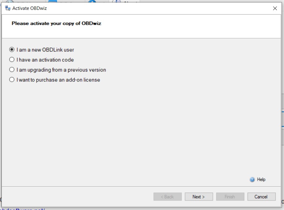 OBDwiz License Activation Screen for New OBDLink Users: Select 'I am a new OBDLink user'