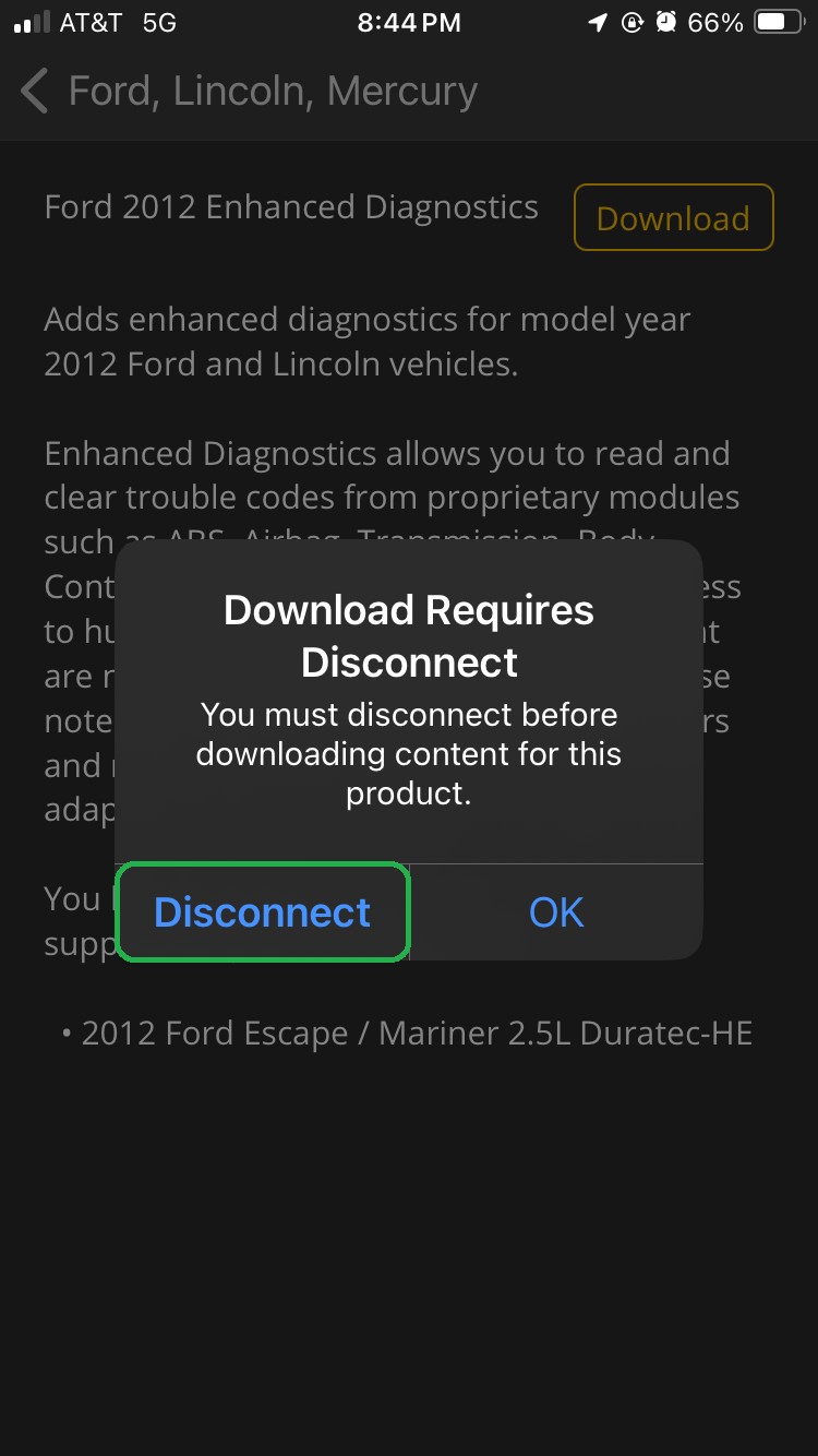 iOS screen showing Download Requires Disconnect message. The Disconnect button is highlighted. 