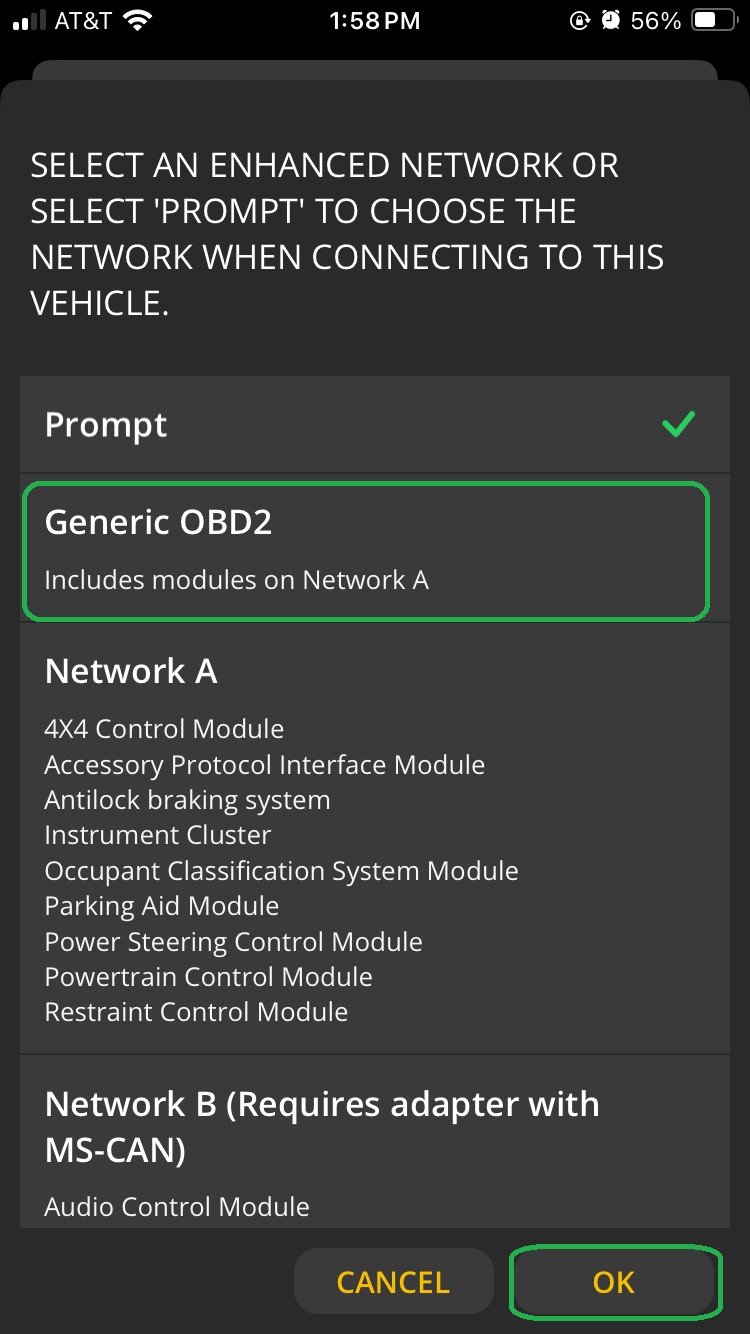 iOS Enhanced Network selection screen. The Generic OBD2 area is highlighted. The OK button is highlighted. 